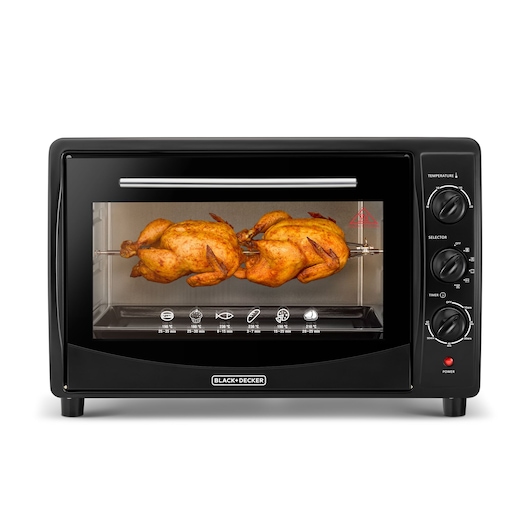 BLACKDECKER TRO45RDG countertop oven front angle with rotisserie function and two roasted chickens inside.