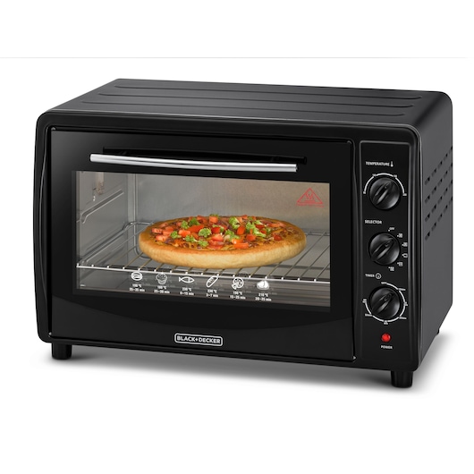 A BLACK+DECKER countertop toaster oven with a glass door, showing a pizza baking inside. The oven features three control knobs for temperature, function, and timer settings.