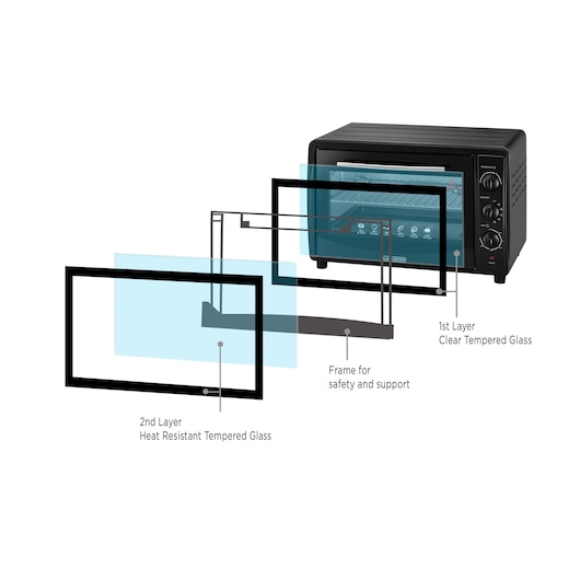 Photo of BLACKDECKER TRO45RDG oven showing exploded view of double-layer tempered glass door and frame.