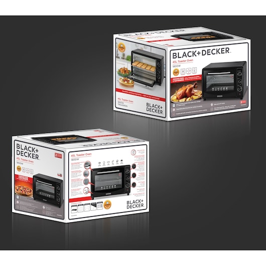 Two BLACK+DECKER 45L Toaster Oven boxes are shown, each featuring images of the product and cooked food. The packaging highlights product features such as convection and various functions, and displays the 1800W specification. The boxes have a modern design with branding and icons outlining key benefits.