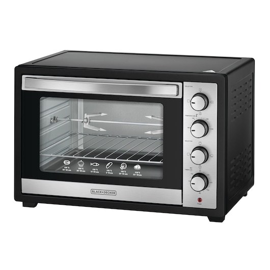 A BLACK+DECKER countertop electric oven with a black and silver design, featuring a glass door, adjustable dials, and cooking function icons displayed on the front window.