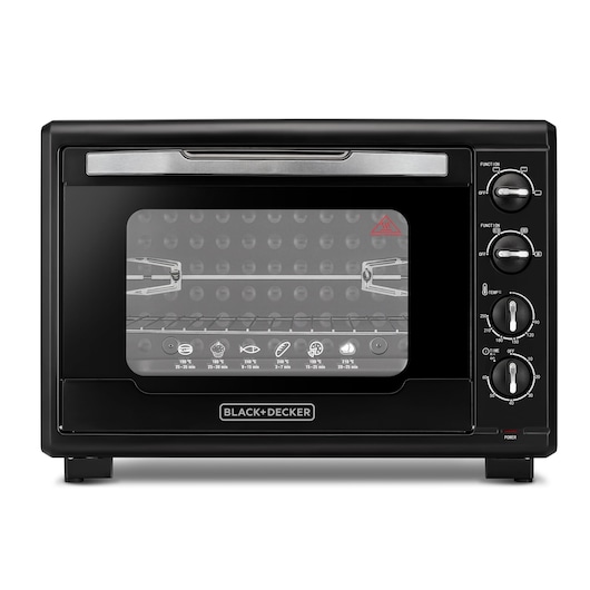 A BLACK+DECKER countertop oven with a transparent glass door, four control knobs for functions, temperature, and time, and a visible wire rack inside. The oven is black with silver accents and displays cooking instructions on the front glass.