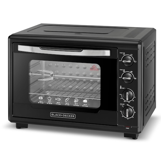 A BLACK+DECKER countertop oven with a black finish, transparent front door, three control knobs on the side, and baking instructions printed on the glass.