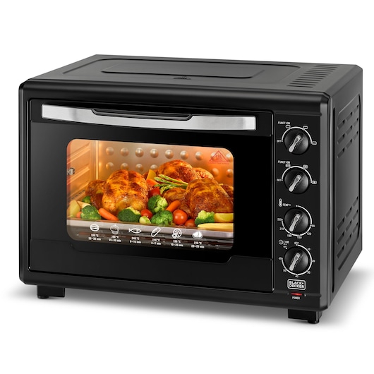 BLACKDECKER TRO55RDG countertop oven, black finish, front angle, with roasted chicken and vegetables inside.
