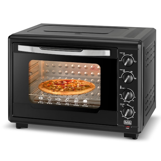 BLACK+DECKER black countertop oven TRO55RDG, right angle view, with pizza inside, visible control dials.