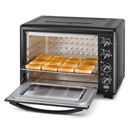 BLACK+DECKER TRO55RDG black toaster oven with open door, rack of toasted bread slices, front angle.