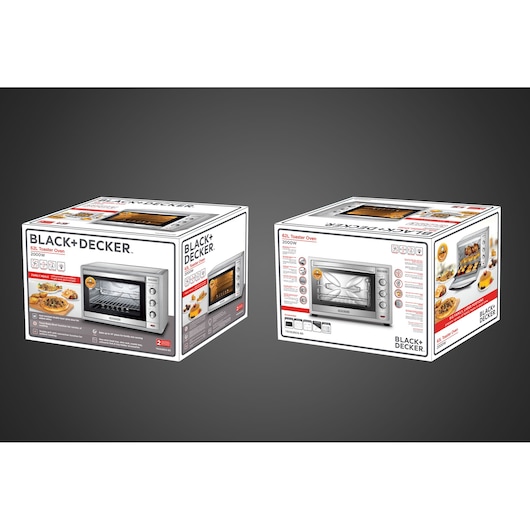 Photo of two BLACK+DECKER TRO62RDG toaster oven boxes, showing product images, features, and 62L capacity details.