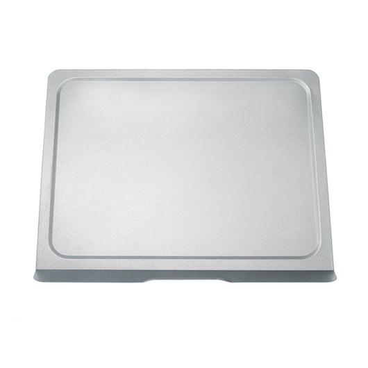 BLACKDECKER TRO62RDG silver baking tray, rectangular metal, top view on white background.