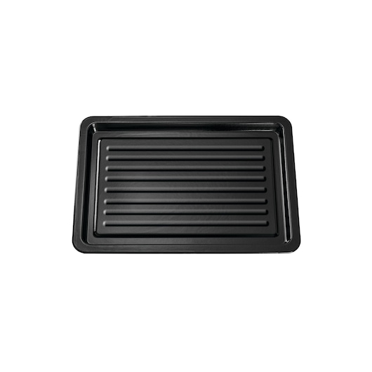 BLACKDECKER TRO62RDG black rectangular oven baking tray with ridged surface, top view, white background.