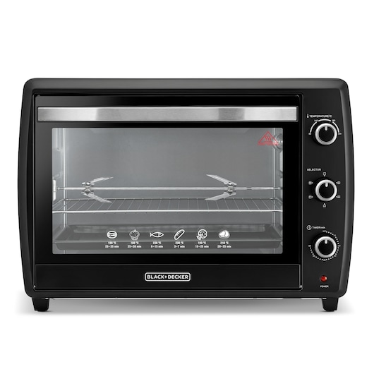 Front view of a BLACK+DECKER electric oven with three control knobs on the right side for temperature, function, and timer. The oven has a transparent door showing the rotisserie mechanism and a wire rack inside. Cooking icons and temperature settings are visible on the bottom of the door.