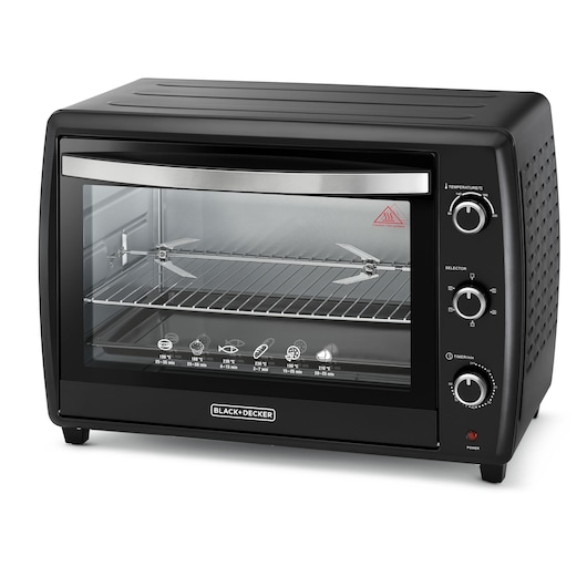 A BLACK+DECKER countertop oven with a black exterior. The oven features a transparent glass door with cooking instructions illustrated on the front, three control knobs on the right side for temperature, function selection, and timer, and an internal rack with a rotisserie attachment.