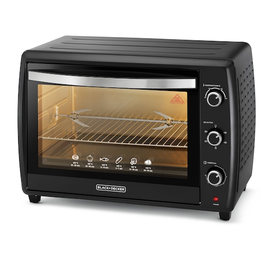 Black+Decker countertop electric oven in black, featuring a glass door with a silver handle, interior wire rack, and control knobs for temperature, function, and timer on the right side.