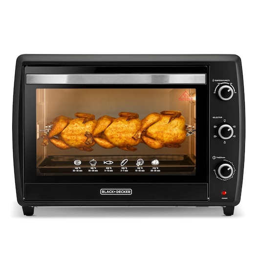 BLACK+DECKER TRO70RDG countertop oven front angle with whole chickens on rotisserie inside.
