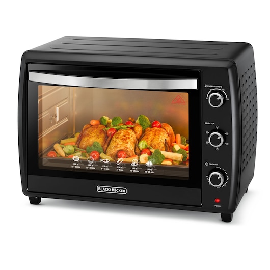 BLACK+DECKER TRO70RDG countertop oven front angle with roasted chicken and vegetables inside.