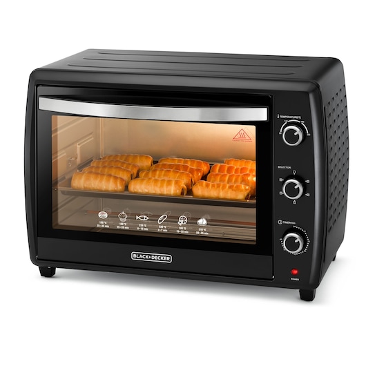 BLACK+DECKER TRO70RDG black countertop oven with glass door, three control knobs, and baked pastries inside, front angle.