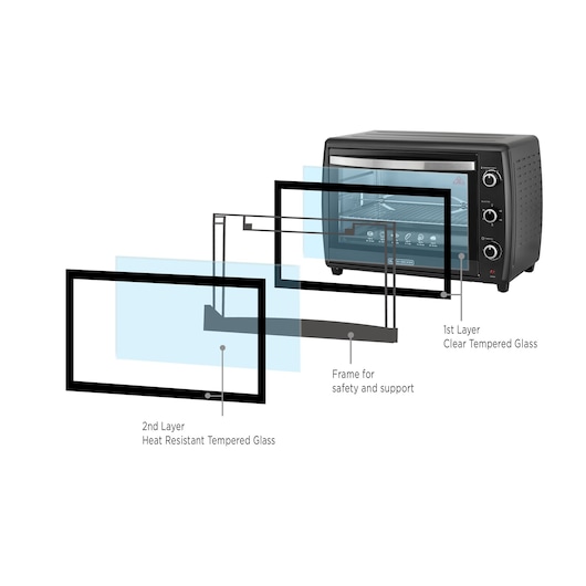 BLACKDECKER TRO70RDG oven with layered tempered glass door construction, heat resistant and safety frame, side angle.