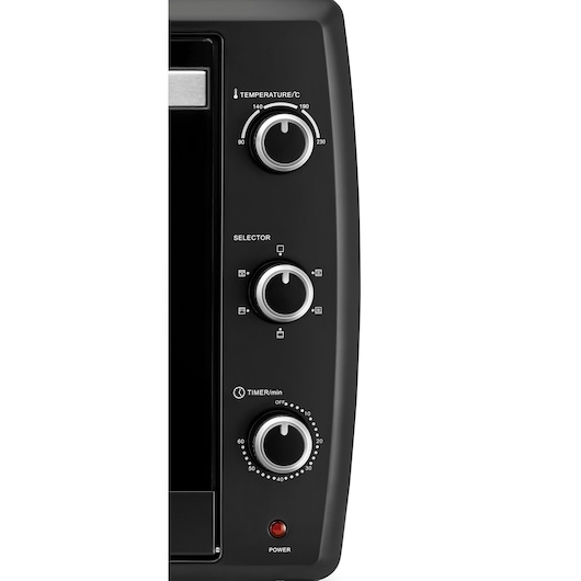 BLACKDECKER TRO70RDG oven control panel close-up, showing three dials for temperature, function, and timer on black finish.