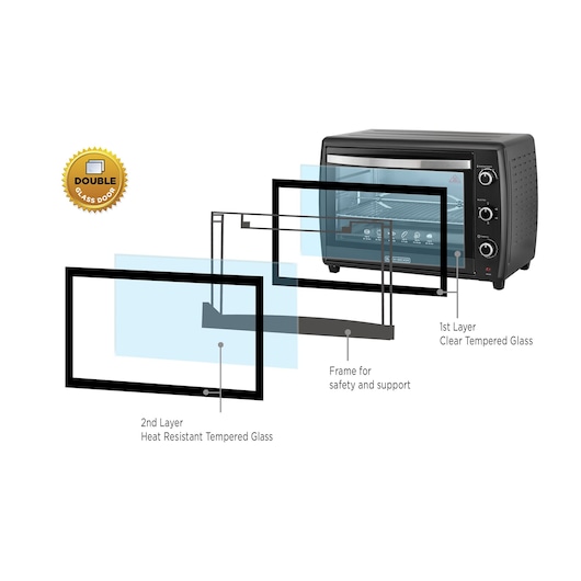 BLACK+DECKER TRO70RDG oven with exploded view of double glass door showing clear and heat resistant tempered glass layers.