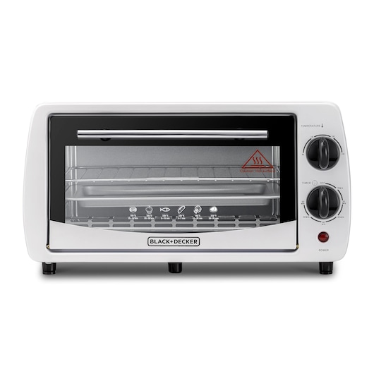 Front view of a BLACK+DECKER countertop toaster oven, model TRO9DG, with temperature and timer control knobs on the right, a glass door, and a visible wire rack and baking tray inside.