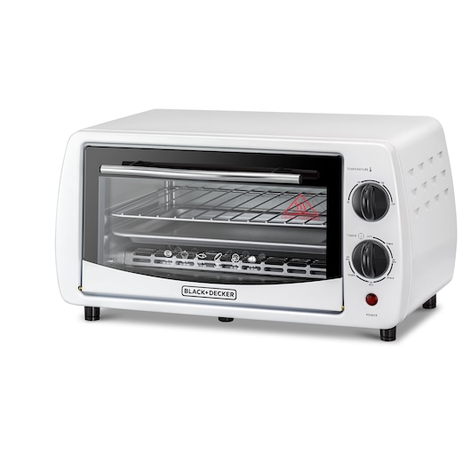 A BLACK+DECKER countertop toaster oven with a white exterior, glass door, two control knobs for temperature and timer settings, and a wire rack inside.