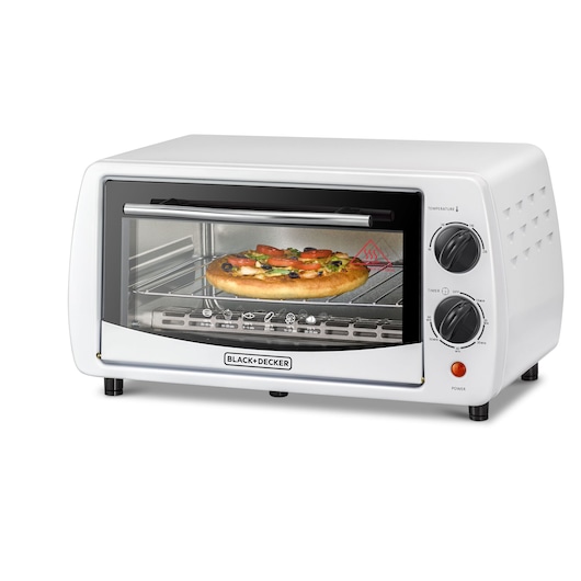A white BLACK+DECKER countertop toaster oven with two control dials, shown baking a pizza inside.