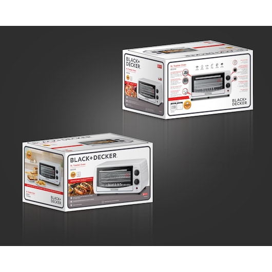 Photo of BLACK+DECKER TRO9DG 9L toaster oven packaging, white box with product images and features displayed.
