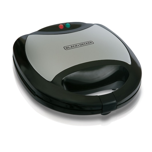 BLACK+DECKER sandwich maker with a silver and black design, featuring indicator lights on the top.