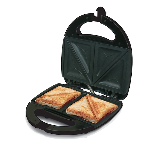 An open sandwich maker with two toasted sandwiches inside. The appliance has a black plastic housing and triangular plates for shaping and heating the sandwiches.