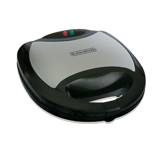 BLACK+DECKER sandwich maker TS2080 with a black and silver design, showing two indicator lights on top, placed on a white background.