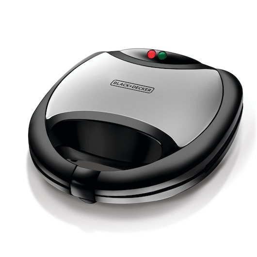 A BLACK+DECKER sandwich maker with a silver and black design, featuring indicator lights on the top, shown against a white background.