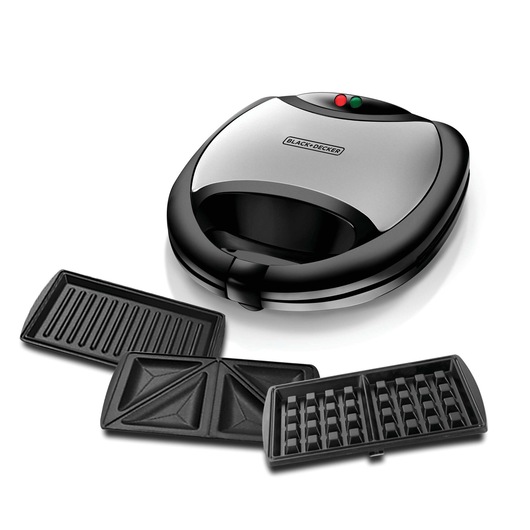A BLACK+DECKER sandwich maker with three interchangeable plates for grilling, making sandwiches, and creating waffles. The appliance has a sleek silver and black design and two indicator lights on top.