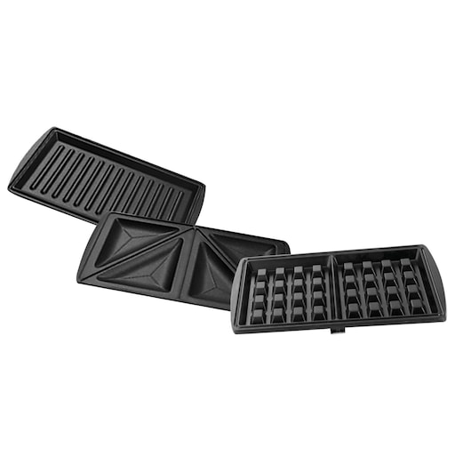 BLACKDECKER TS2090 set of three black interchangeable plates for grill, sandwich, and waffle maker, front angle.