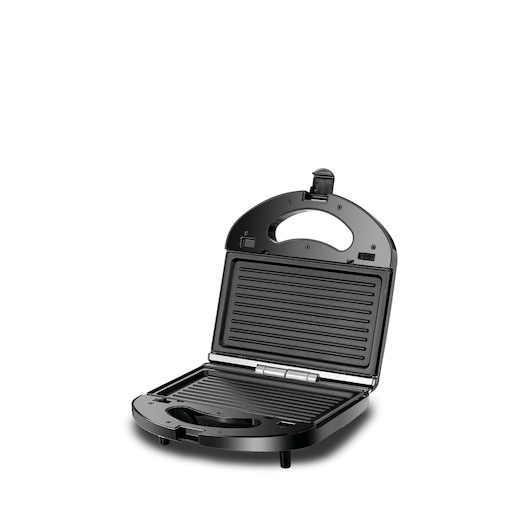 An open electric sandwich maker with non-stick grill plates and a handle, shown on a white background.