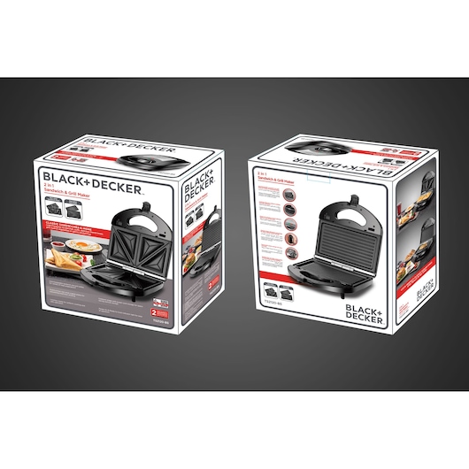 Photo of BLACK+DECKER TS2120 sandwich and grill maker packaging, showing two sides with product images and features.