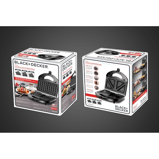 Photo of BLACK+DECKER TS2130 3-in-1 sandwich, grill and waffle maker retail boxes, showing product images and features.