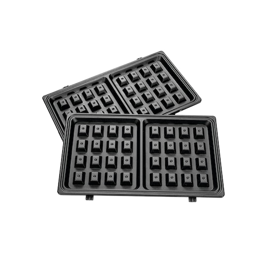 BLACKDECKER TS2130 black waffle plate inserts, two sets, angled view, on white background.