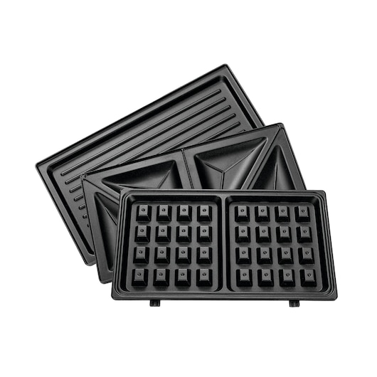 BLACKDECKER TS2130 sandwich, grill, and waffle plates set, black, top angle, for kitchen appliances.