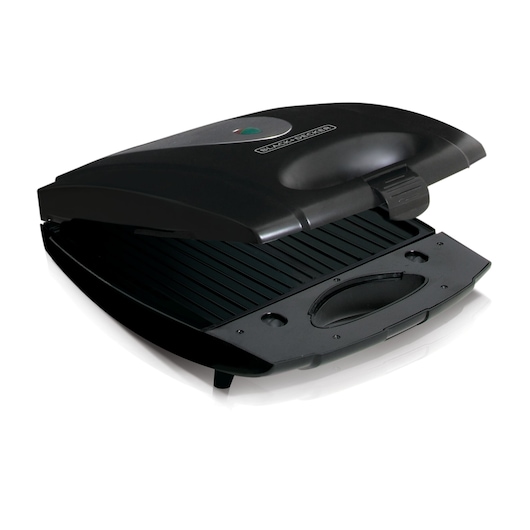 A BLACK+DECKER electric grill with an open lid, showing the ridged cooking surface. The grill is black and designed for indoor use.