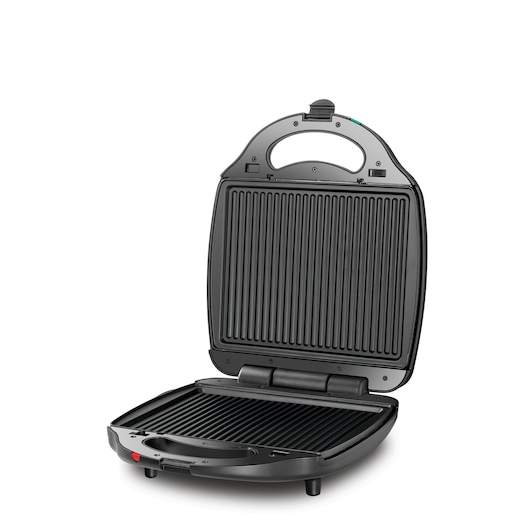 A BLACK+DECKER electric sandwich maker with grooved plates, shown open and empty on a white background.