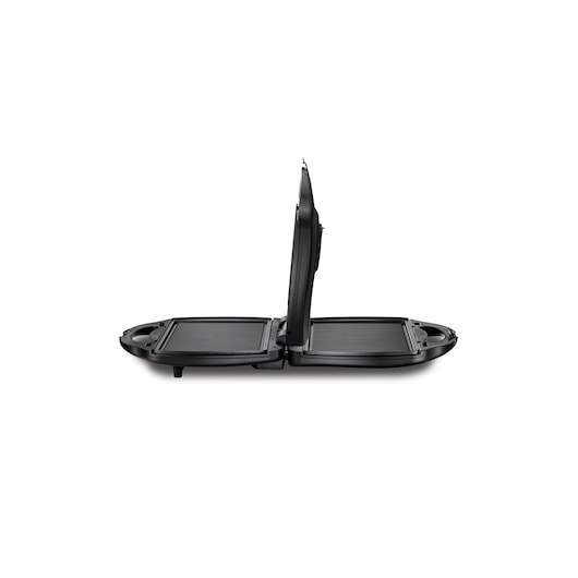 Photo of BLACKDECKER TS4120 sandwich maker, black, open, side view on white background.