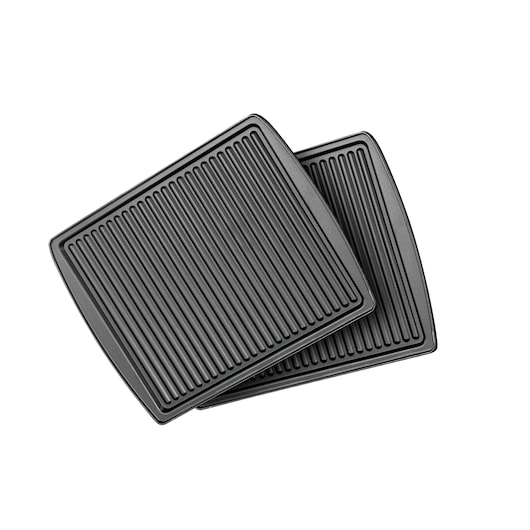 BLACKDECKER TS4120 grill plate set, black, ribbed surface, top view, photography on white background.