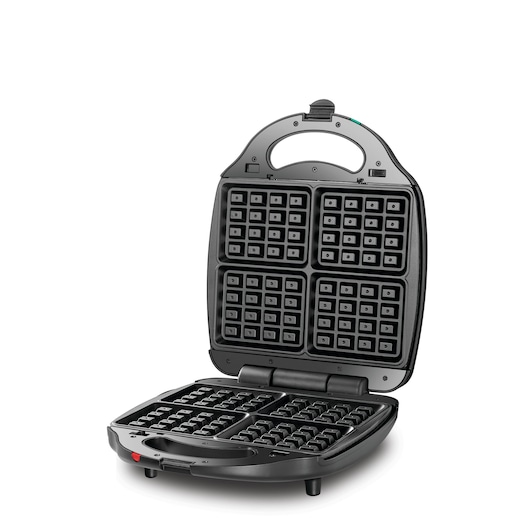 An open BLACK+DECKER waffle maker with four square waffle plates, shown on a white background.