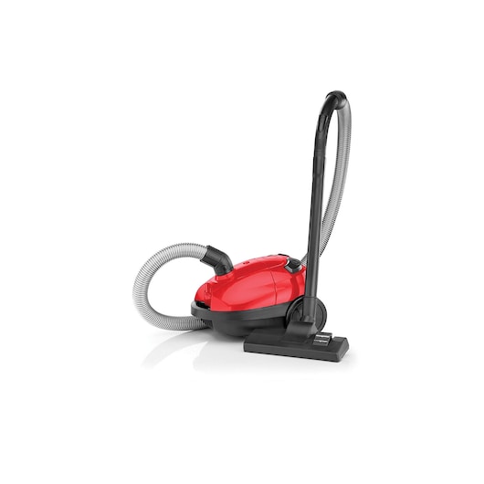 BLACKDECKER VM1200 canister vacuum cleaner, red and black finish, side angle, white background.