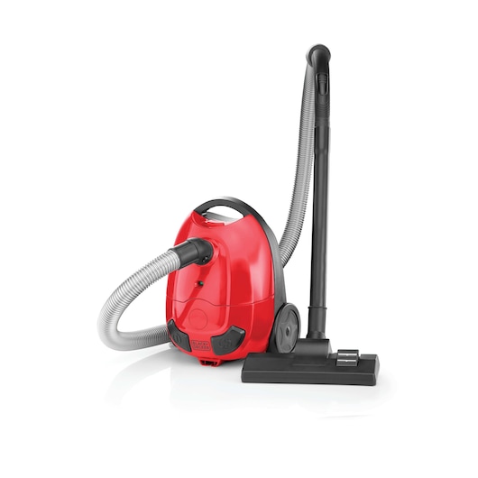 BLACKDECKER VM1200 red canister vacuum cleaner front angle with hose and floor nozzle on white background.