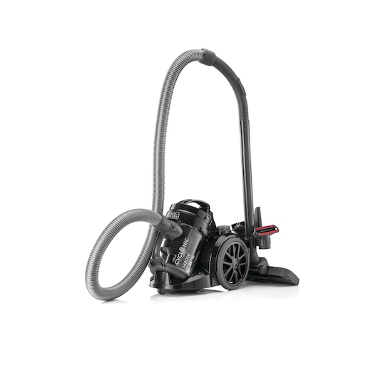 BLACKDECKER VM1480 canister vacuum cleaner, black, side angle, large wheels, flexible hose, white background
