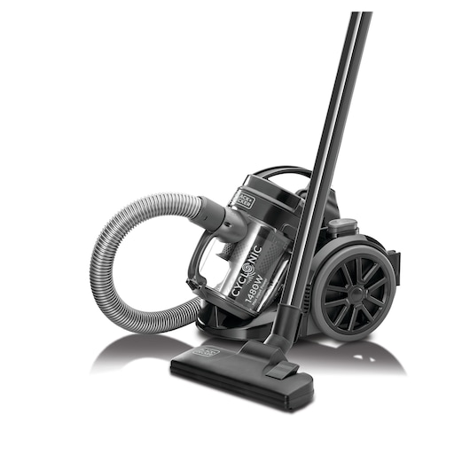 BLACKDECKER VM1480 cyclonic vacuum cleaner, black, side angle on white background.