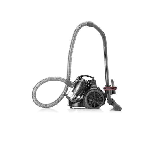 BLACKDECKER VM1480 canister vacuum cleaner side view, dark grey with transparent dust container and flexible hose
