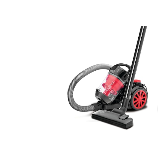 BLACKDECKER VM1680 canister vacuum cleaner, black and red, front angle, with hose and floor nozzle.
