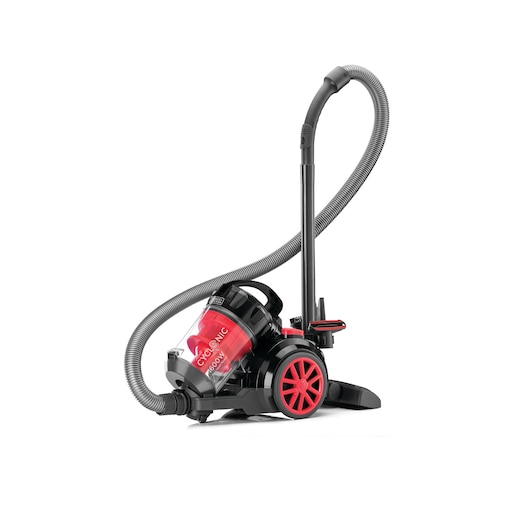 BLACKDECKER VM1680 red and black canister vacuum cleaner, side view, with hose and wheels.