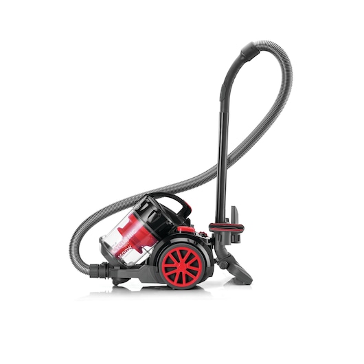 BLACKDECKER VM1680 canister vacuum cleaner side view, black and red body, hose and floor head, white background.
